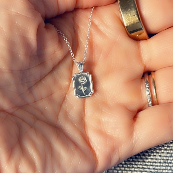 Sterling Silver Birth Flower Necklace Rectangle Pendant - Picture 3 of 9